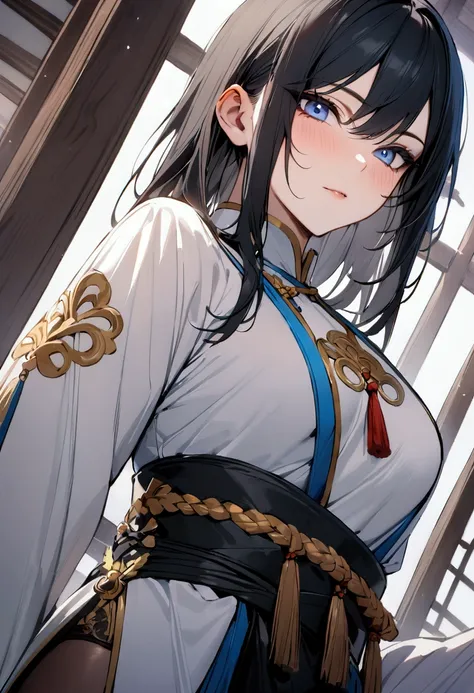 (( best quality )), ((masterpiece)), (detailed),  Chinese martial artist man with long black hair, blue eyes and white clothes with blue and gold details