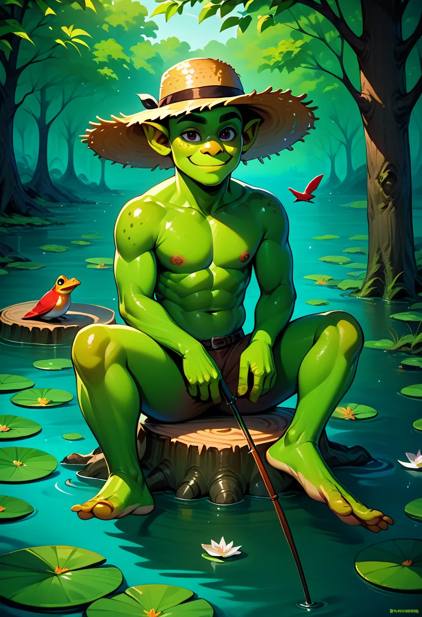 score_9, score_8_up, score_7_up, solo, male focus,shrek, green skin,scenery,swamp,lily pad,straw hat,holding fishing rod,light smile,leaves,frog,birds,sitting on tree stump,outdoors theme：Incursio's Meme Diffusion, 