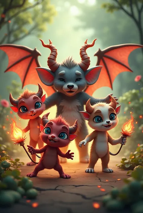 3 cute devils 、Bear、elephant、Dog appearance、 hair feels the power of fire and plants、Tail like a dragon 、Beautiful Wings