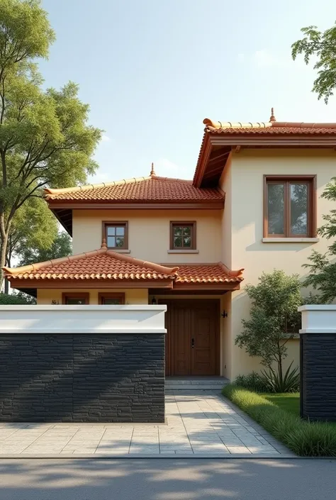 Home,  single-storey, with a front wall of 2 . 50 meters high by 2 .50 meters wide ,  covered 90 centimeters from the floor upwards with black slab stone ,with a horizontal white molding and the upper part of the wall painted in cream color ,  making a cor...