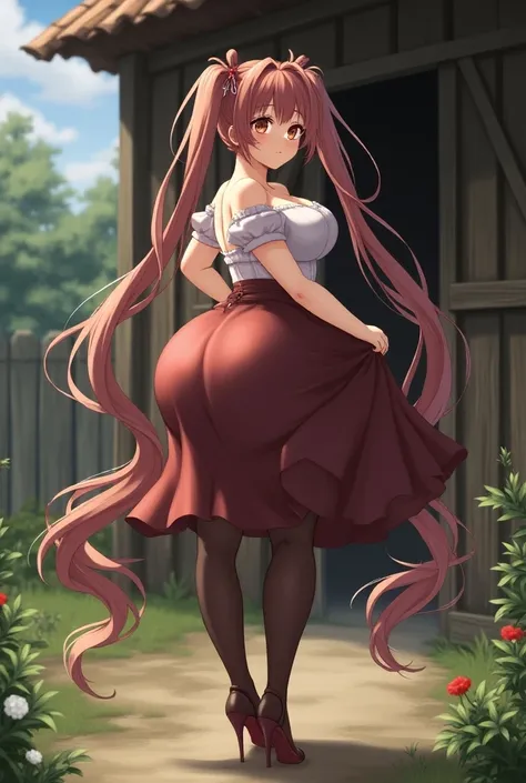 (masterpiece,best quality,ultra detailed,highres,HD,4k:1.2), (rear view), anime, realistic face,
((huge fat character)), long eyelashes, eyeshadow, very long twin tail, close up butt,
barn,
skirt, shirt, nails, stockings, panties, heels, shy pose,