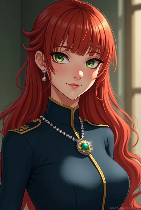 pretty girl with red hair and green eyes. her hair is very long until her back and curls hanging in the tips of her hair, and her bangs that are cut straight across her forehead that covers her eyebrows. in semi realism style. She has a doe eyes but that m...