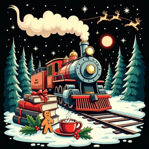 black background,playful vibrant vintage pop art t-shirt design featuring a classic steam locomotive traveling through a snowy evergreen forest,and add a subtle silhouette of Santa’s sleigh and reindeer flying above in the night sky.Add the text North Pole...