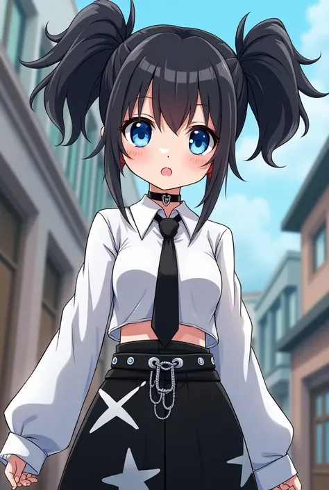 In an animated style, create the following persona: A pale-skinned girl with blue eyes and round lips, she has black hair in high pigtails, with messy locks and straight bangs. She wears a long-sleeved white shirt above her navel, accompanied by a black ti...