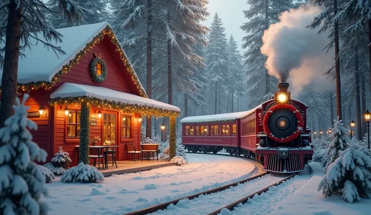 A vintage steam train in a deep red color, decorated with Christmas wreaths and colorful festive lights, moves through a snow-covered forest, evoking a sense of nostalgia. The train emits gentle white smoke from its chimney, blending into the winter atmosp...