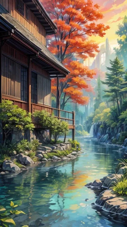  The Impressionist watercolor landscape creates 、We will reveal a rustic residence unsteadily nestled on a river with a quiet flow, eveningの太陽が空に様々 colored canvas and 、It reflects its brilliance in the surrounding greenery and quiet water , A tasteful resi...