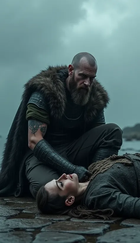  Floki, half bald, crazy face, painted face with a line of paint under the eye,kneeling on the cold stone ground next to Helgas lifeless body, his face twisted with grief and madness, wearing Viking armor with a fur cloak, a foggy landscape in the backgrou...