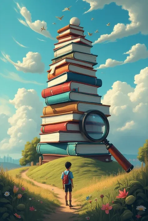 It includes exaggerated ,  images such as a mountain of books for “I have a lot of homework” or a giant magnifying glass for “seeing every detail”.