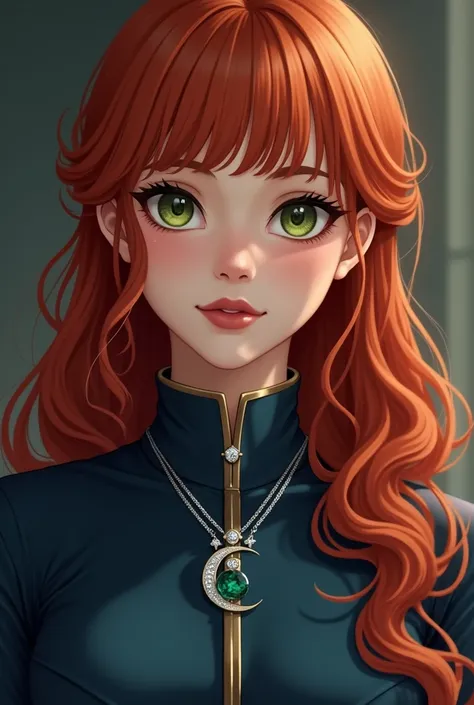 pretty girl with red hair and green eyes. her hair is very long until her back and curls hanging in the tips of her hair, and her bangs that are cut straight across her forehead that covers her eyebrows. in semi realism style. She has a doe eyes but that m...