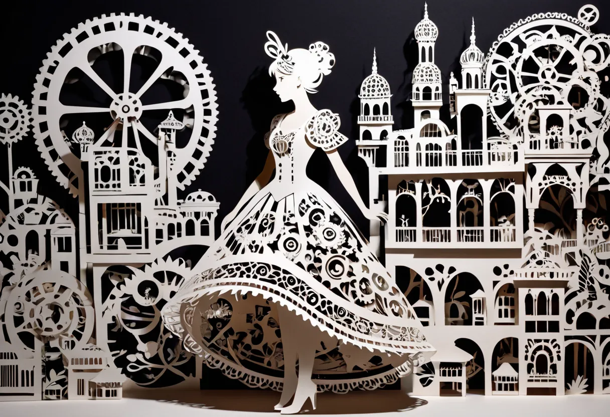 (Masterpiece, BestQuality:1.2),fusion of paper cutting and shadow puppetry, mix of monochrome and color, best quality, super fine, 16k, 2.5D, delicate and dynamic depiction, A town made of gears, steampunk,girl standing,Magnificent Paper Cutout,