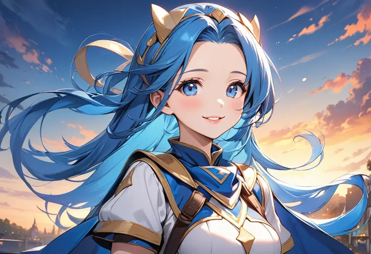 (beautiful and delicate), (beautiful illustration), (solo, frontal), (beautiful forehead) (beautiful vivid blue hair beauty long hair), (best cute Hero girl), (best cute blue eyes) (cute glossy lip), (cute makeup), (happy Smile), (best cute style small tit...