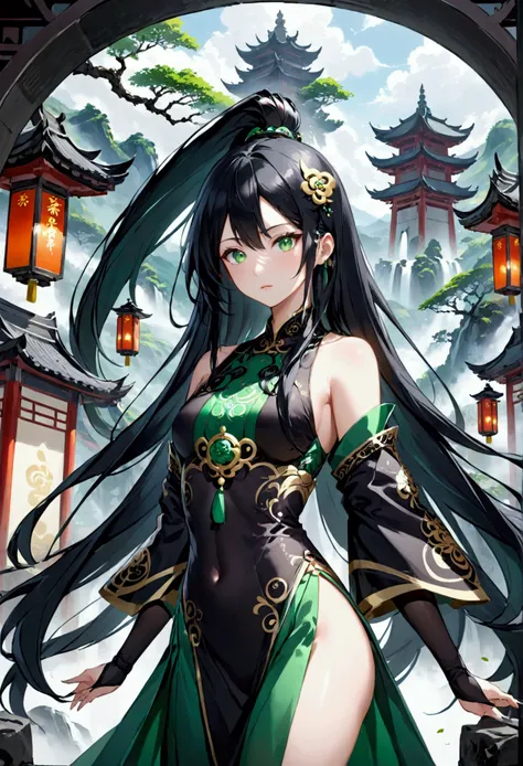 Anime women, Long black hair, green eyes,aesthetic body, taoist outfit