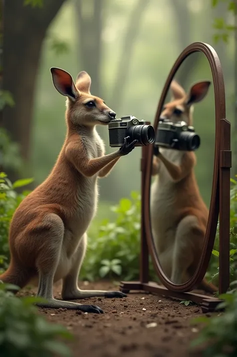 Kangaroo taking a picture in a mirror 
