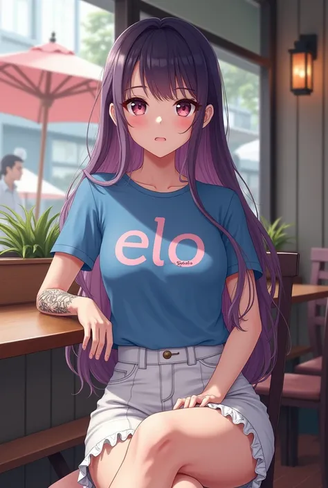 ((best quality、8k、masterpiece:1.3))、Taken in a cafe、girl、beautiful legs、Blue T-shirt with "ELO" written on it with Attractive and Cool Text design、white mini skirt、1girl inside、beautiful Japanese woman:1.3、(Long hair, soft hair, Pink, blue and Purple hair ...