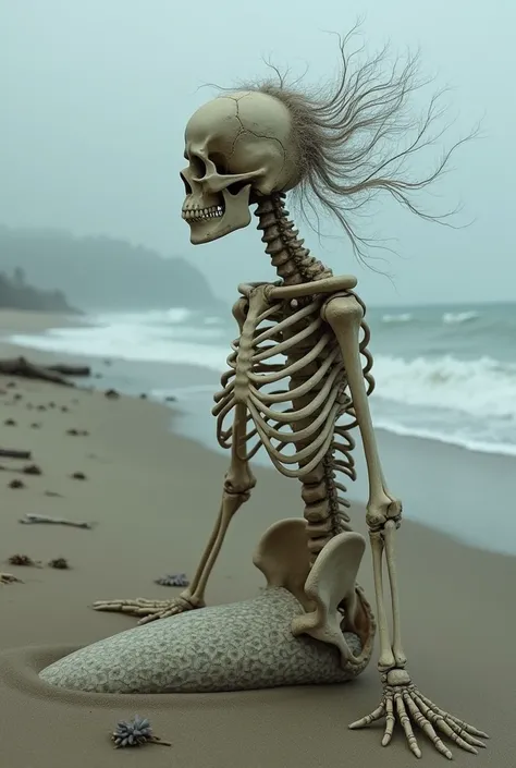 skeleton of a mermaid on the beach