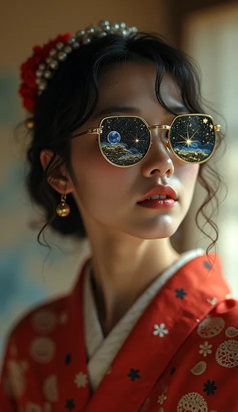  a woman wearing a traditional Japanese kimono wears glass sunglasses、Scrolls unfolding scene 。 and the moon are drawn on them 、 when the scroll is unfolded, the stars and moon float there 、 Fantastic light illuminates the surroundings 。 The stars and moon...