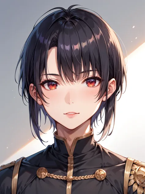 anime 2.5d style, young boy, male, , he has a short neck, beautiful nose, broad shoulders, his eyes are of different colors eyes: 1 eye is red eye and the other 1 eye is purple, he has black hair, bob hair, he wears black military clothes, portrait up to t...