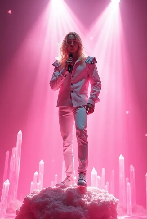  artwork, realistic, realism,  best quality ,  Beautiful young American male adolescent with fair skin fair-skinned male with long blond hair . She is wearing light pink closed long sleeve blouse with shiny silver shoulder pads and white pants holding a mi...