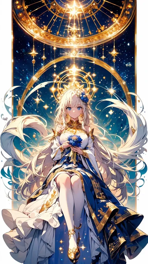 An angelic character with flowing blonde hair, Decorated with blue roses and gold.    She wears a delicate blue and white dress，Decorated with ruffles and ribbons. Her costume included a halo and huge white wings,   soft smile，Smile gently，Presenting celes...