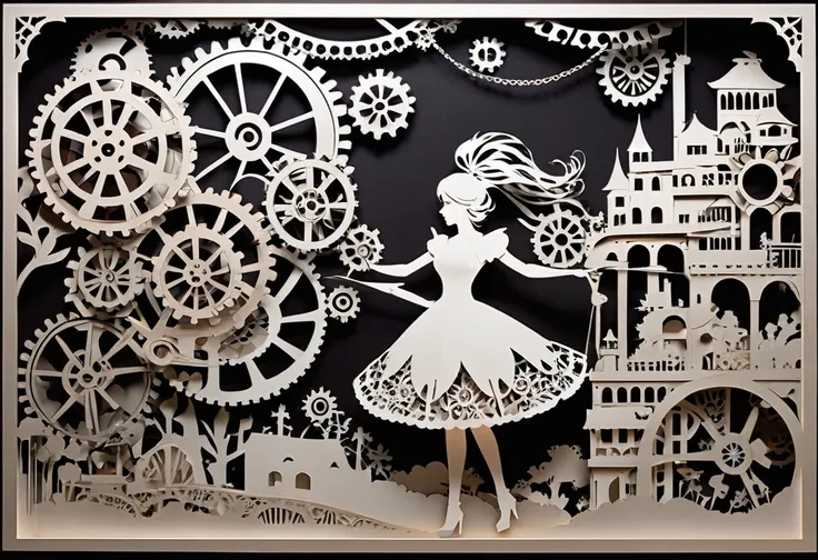 (Masterpiece, BestQuality:1.2),fusion of paper cutting and shadow puppetry, mix of monochrome and color, best quality, super fine, 16k, 2.5D, delicate and dynamic depiction, A town made of gears, steampunk,girl standing and posing,Magnificent Paper Cutout,