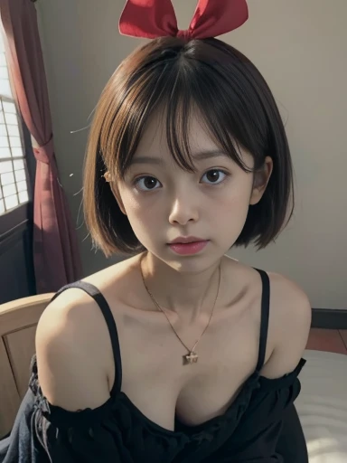  best quality,  focus on the chest , Soft light,  ultra high resolution, (Realistic:1.4),  RAW photo,  1 Japanese Girl , Alone,  flat chest, Take off your blouse,   small breasts, (pupil, あなたのpupilの光),Lingerie with sexy details,layered, Loose Black Dress ,...