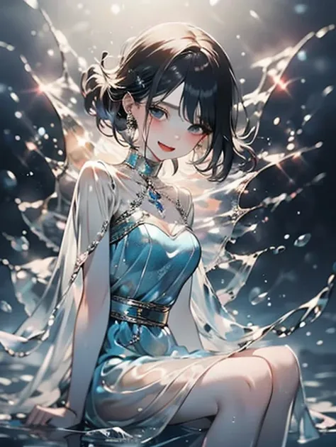 (Fluid Art),( Masterpiece」),(8k anime), High Quality ,(perfect anatomy),( small breasts),( 1 Beautiful Girl ),(Alone),(Silky white hair),Pale skin,smile, Blue Eyes with Beautiful Details , ( very detailed elegant),( see-through dress),((  Transparent Dress...