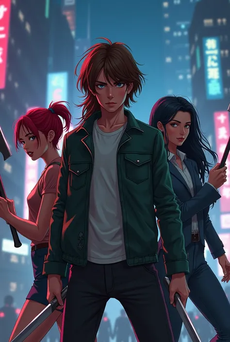  A young guy with long brown hair holds swords in his hands and is ready to attack.  Next to him is a girl with red short hair and a two-handed ax . Next to her is a girl with long black hair with a spear in her hands and a green business suit. In the back...