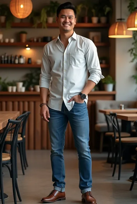 ชายไทยรูปหล่อที่มีลุคทันสมัยมีสไตล์ 
Create a realistic full body portrait of a handsome Thai man  dark tall  muscle guy with a modern and stylish look. He is wearing a casual button-down shirt, blue jeans, a classic watch, and brown leather shoes. The bac...