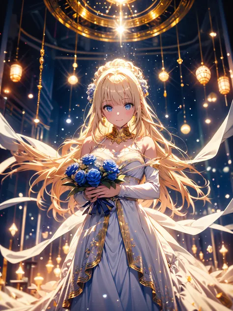 An angelic character with flowing blonde hair, Decorated with blue roses and gold.    She wears a delicate blue and white dress，Decorated with ruffles and ribbons. Her costume included a halo and huge white wings,   soft smile，Smile gently，Presenting celes...