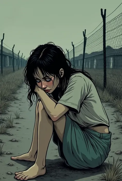 (Comic:1.2), soft lighting, young woman, with black hair, skinny, jewish, crying for his dead husband, concentration camps in the background, sadness overloud, sad, heartbreaking