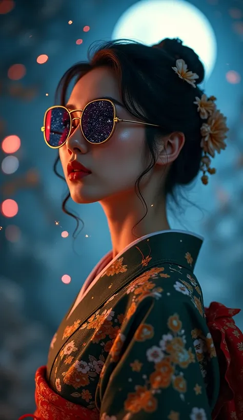  a woman wearing a traditional Japanese kimono wears glass sunglasses、Reach out your hand here。Perfect composition、 and the moon are drawn on them 、 when the scroll is unfolded, the stars and moon float there 、 Fantastic light illuminates the surroundings ...