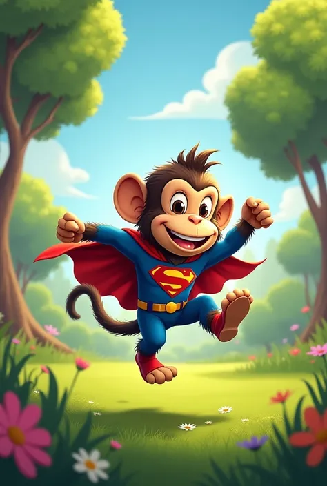 Monkey wearing Superman costume is playing in park 