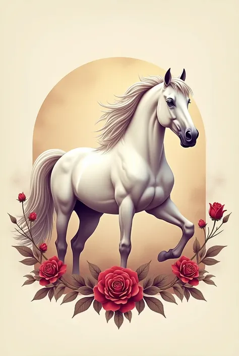 A png logo for a school called Royal Rose Academy with the mascot (a royal white horse) behind the words. The colors are maroon red, cashmere,and white.