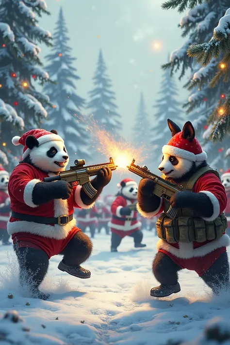 Panda armies dressed as Santa Claus shooting at two kangaroos in war clothes