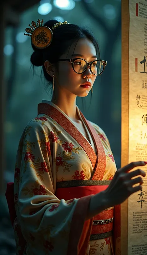  A woman wearing a historic Japanese kimono is wearing glass sunglasses。 and the moon are drawn on them 、 A mysterious atmosphere reminiscent of an ancient geisha or Himiko from Yamatai 。 The woman is holding a huge vintage-style glass scroll with both han...