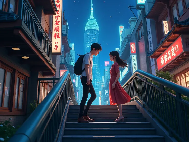 Japanese animation Your Name by Makoto Shinkai,  English White man and woman, A scene of a man climbing a steep staircase and a woman coming through. looking face to face ,in Tokyo.