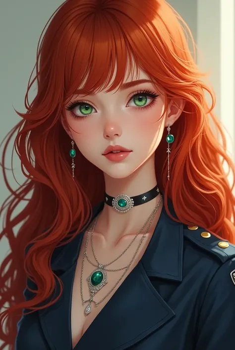 pretty girl with red hair and green eyes. her hair is very long until her back and curls hanging in the tips of her hair, and her bangs that are cut straight across her forehead that covers her eyebrows. in semi realism style. She has a doe eyes but that m...