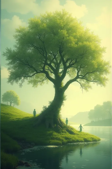 Image where there is only one tree and its like a very beautiful paradise with souls