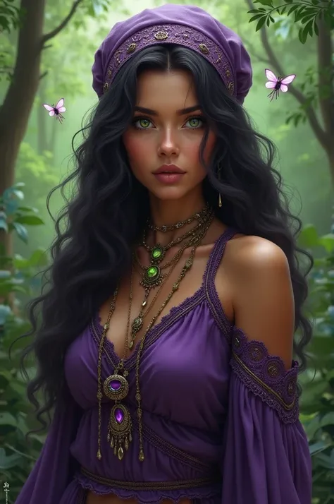   Your objective is to create a detailed image according to the following specifications   : 1.  Attractive and beautiful woman must contain traces of a gypsy .   - Skin tone  : brown. eyes: greens. Hair: dark, long and wavy. 2.  Clothes that combine witch...