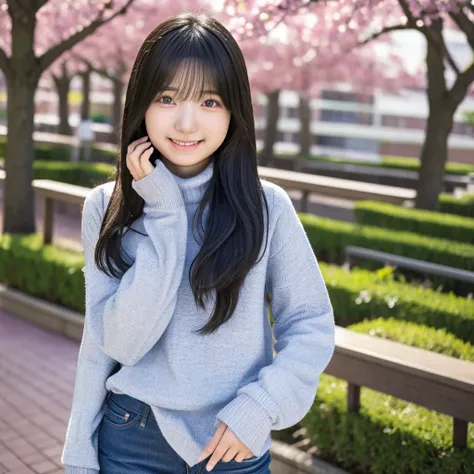  High resolution, masterpiece, accurate, Anatomically correct, 最High quality, detail, High detail, High-resolution model, High quality, quality,A 23-year-old Japanese university student with long black hair, wearing a tight-fitting knit sweater and jeans. ...