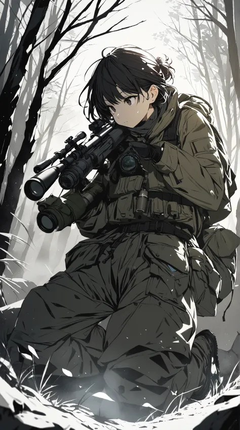 1 girl, ( cute face),  Short Hair, to many hairstyle,  survival style ,  military blouson ,  tactical pants ,  Skin Like Pottery ,  small breasts, break, In the wilderness, Hard light , ( sharp contrast:1.2),  tense atmosphere , break, telescope,  watching...