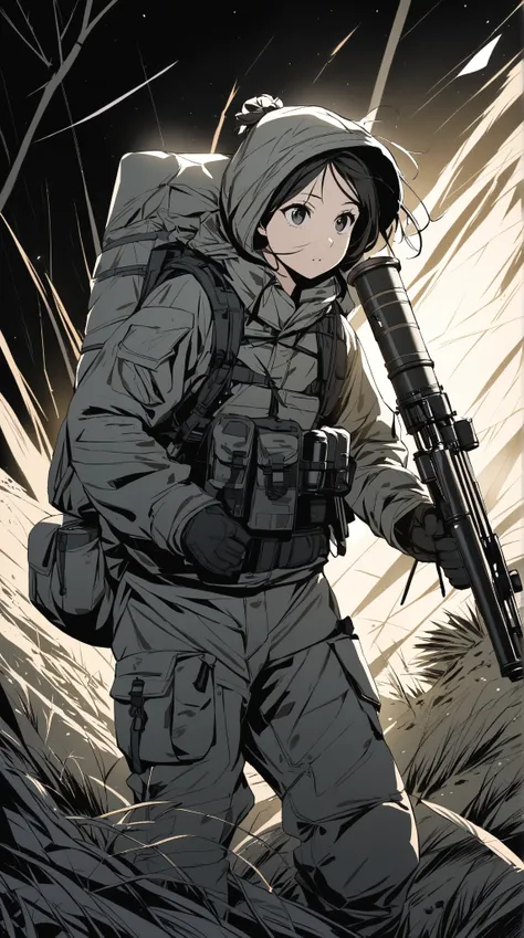 1 girl, ( cute face),  Short Hair, to many hairstyle,  survival style ,  military blouson ,  tactical pants ,  Skin Like Pottery ,  small breasts, break, In the wilderness, Hard light , ( sharp contrast:1.2),  tense atmosphere , break, telescope,  watching...