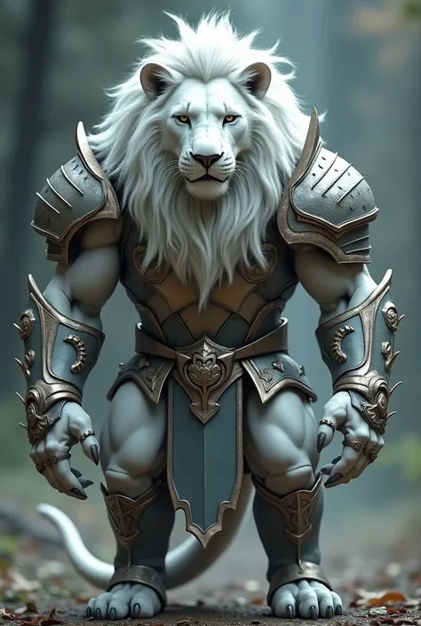 A picture showing the entire body from head to toe. The head of a white lion on a muscular, armored body with broad shoulders. He stands straight.