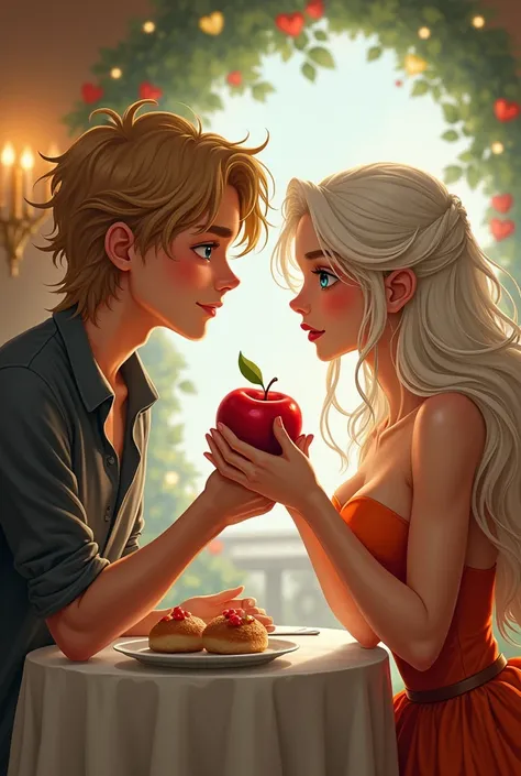  in a realistic illustrated fantasy style on a restaurant table ,  create a handsome boy with medium disheveled wavy blond hair and bright blue eyes offering a red apple to a beautiful girl girl with perfect features, long white wavy hair ,  intense golden...