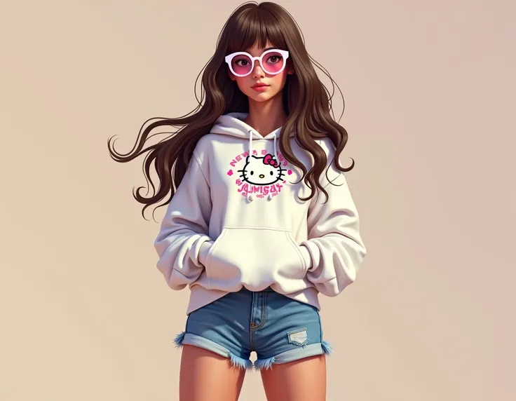 Puerto Rican Teen Age 18, Highschool senior, with long brown hair with bangs, with hello kitty glasses, with white k-pop album hoodies (new jeans), with short jean shorts, with white nike air forces.