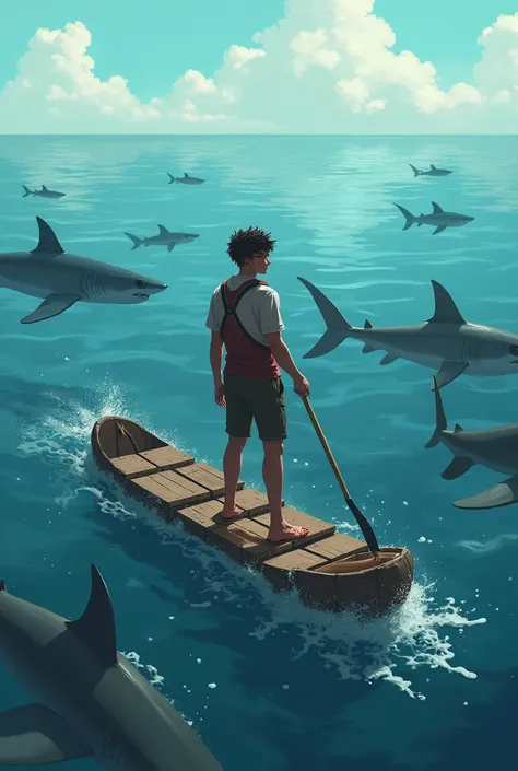  A lively boy who looks like a 20-year-old boy on a standing raft 
surrounded by sharks drifting from the sea holding in their hands a broken oar on the top 

Sharks are in the sea not jumping, And hes not happy and neither do it in color  