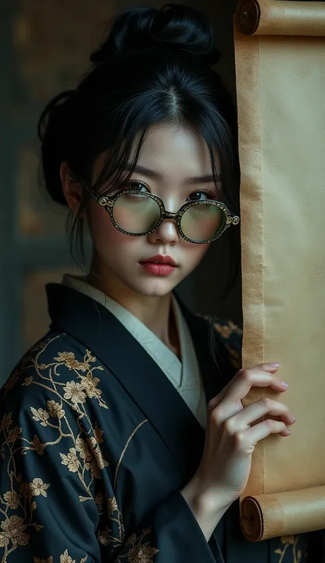  Live Action 、Genuine、Detailed eyes that shine beautifully、 A woman wearing a historic Japanese kimono is wearing glass sunglasses。 and the moon are drawn on them 、 A mysterious atmosphere reminiscent of an ancient geisha or Himiko from Yamatai 。 The woman...