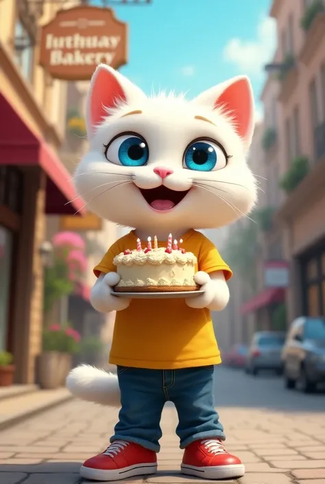 Give vivid image of " A happy white cat have blue eyes wear yellow t-shirt and, jins and red shoes stand in road with a cake. Bakery building in which bakery name plate pined in background.