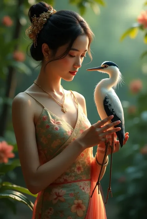 Woman wearing Thai dress,Holding the Heron 