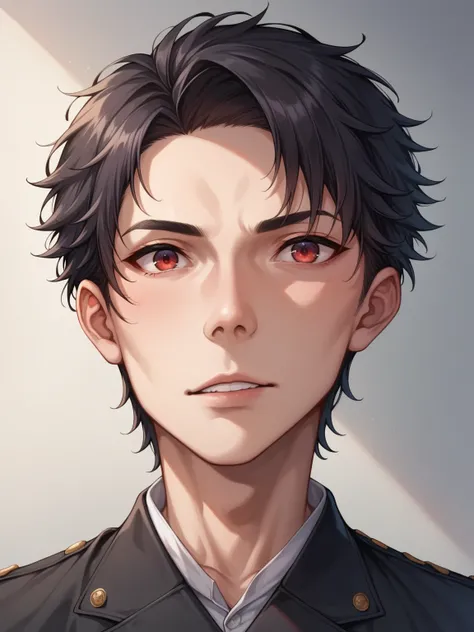 anime 2.5d style, young boy, male, , he has a short neck, beautiful nose, broad shoulders, his eyes are of different colors eyes: 1 eye is red eye and the other 1 eye is purple, he has black hair, disheveled hair, he wears black military clothes, portrait ...